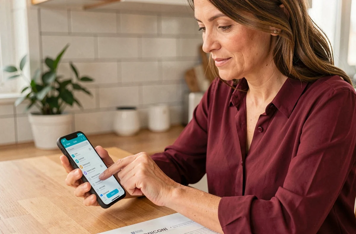 Femme paramétrant le webmail AC Grenoble sur son téléphone Android depuis son domicile