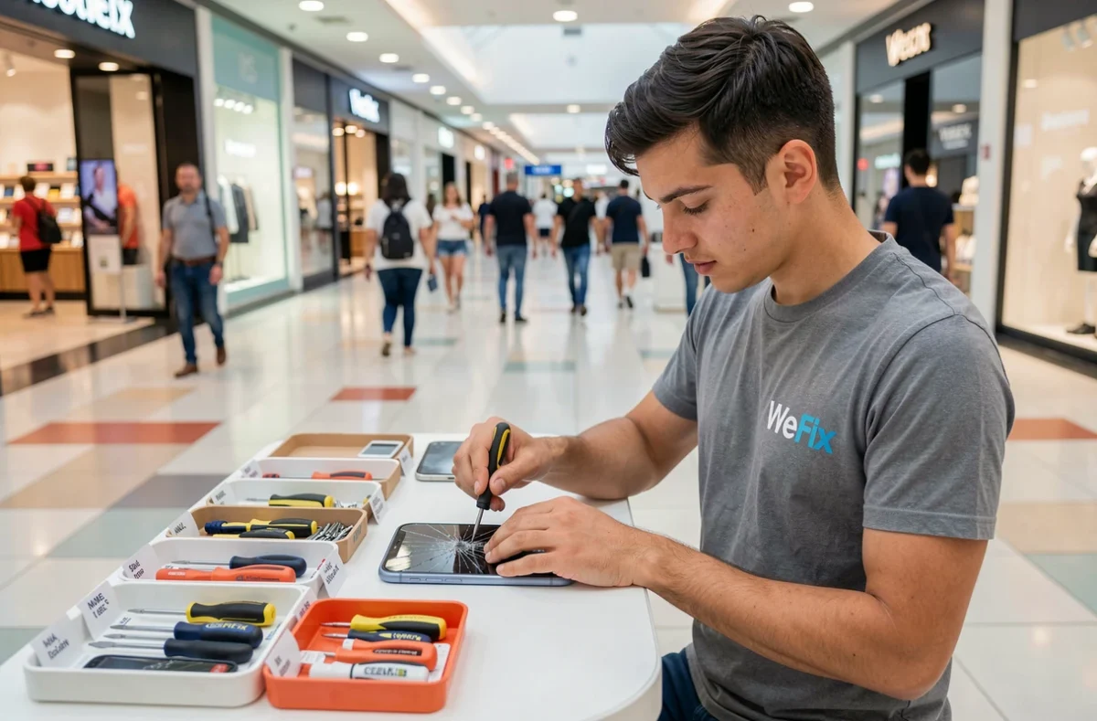 Technicien WeFix réparant l'écran d'un smartphone reconditionné dans un centre commercial